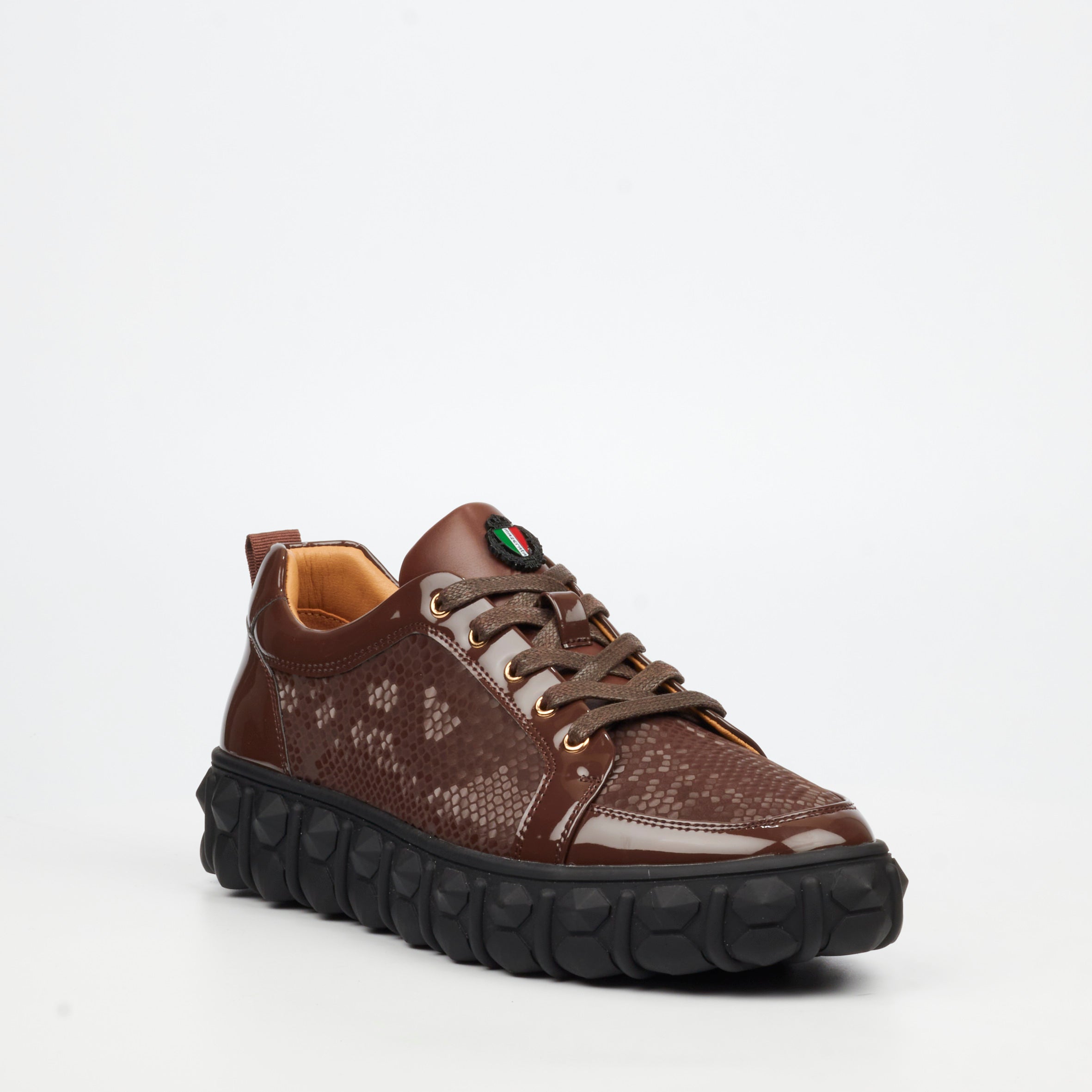 Mazerata Pigale 37 Faux Patent / Snake Sneaker - Chocolate footwear Mazerata