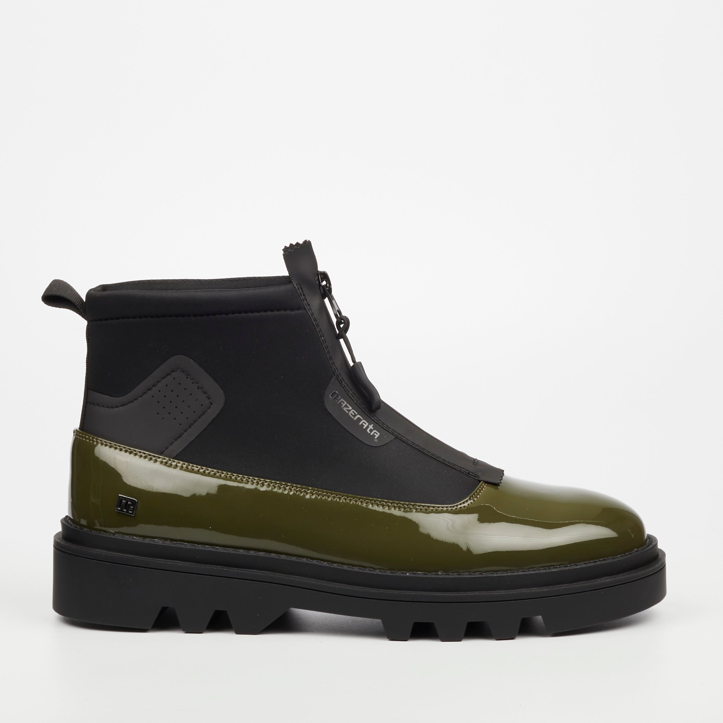 Mazerata Vinchey 9 Faux Patent / Lycra Ankle Boot - Olive footwear Mazerata