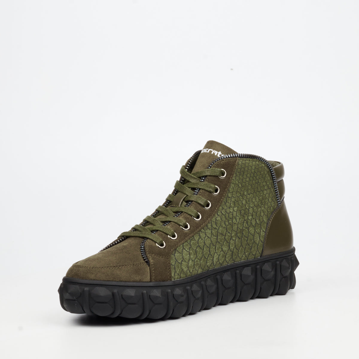 Mazerata Pigale 15 Faux Suede / Print Ankle Boot - Olive footwear Mazerata