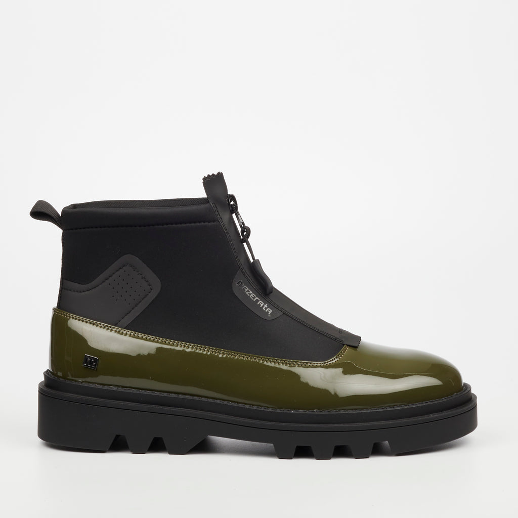 Mazerata Vinchey 9 Faux Patent / Lycra Ankle Boot - Olive footwear Mazerata