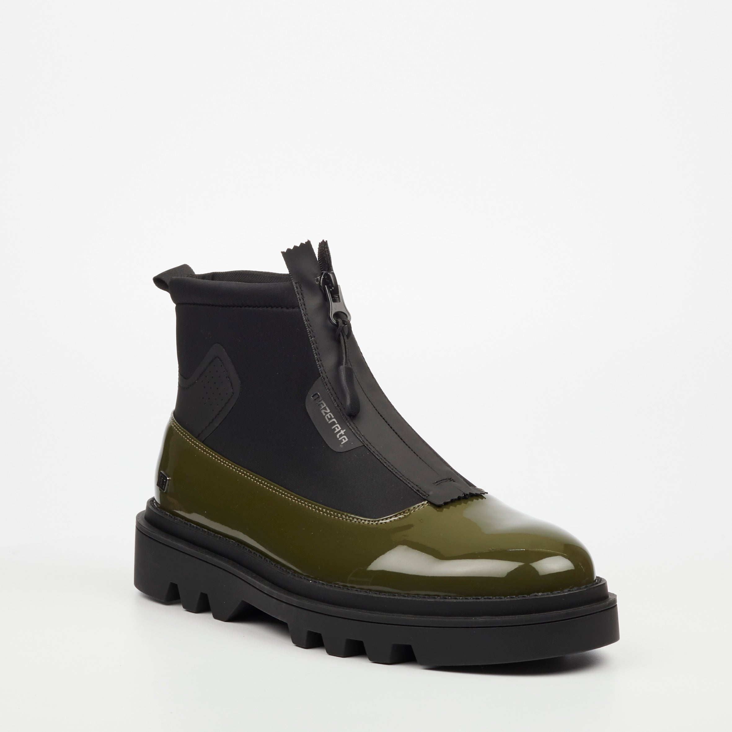 Mazerata Vinchey 9 Faux Patent / Lycra Ankle Boot - Olive footwear Mazerata