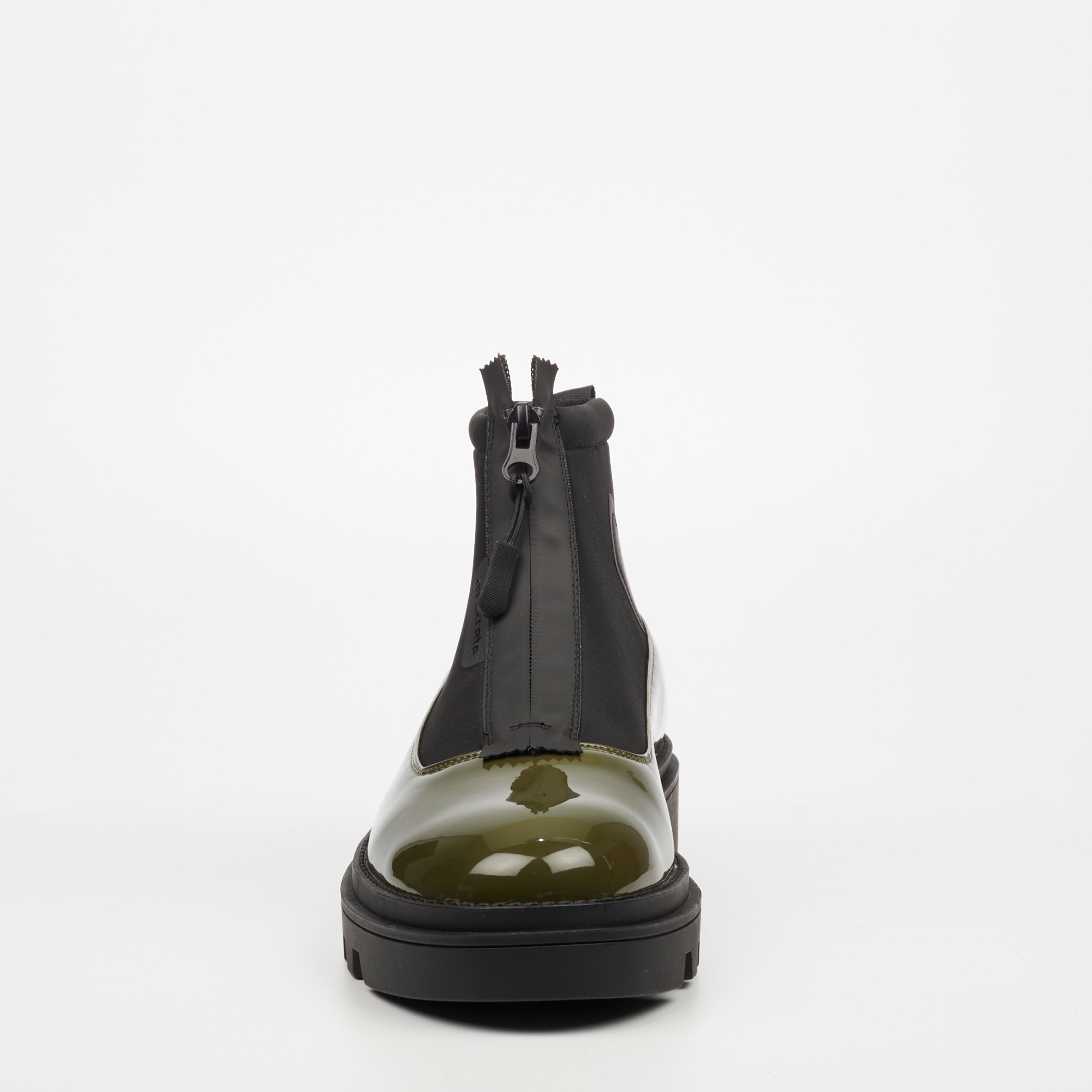 Mazerata Vinchey 9 Faux Patent / Lycra Ankle Boot - Olive footwear Mazerata